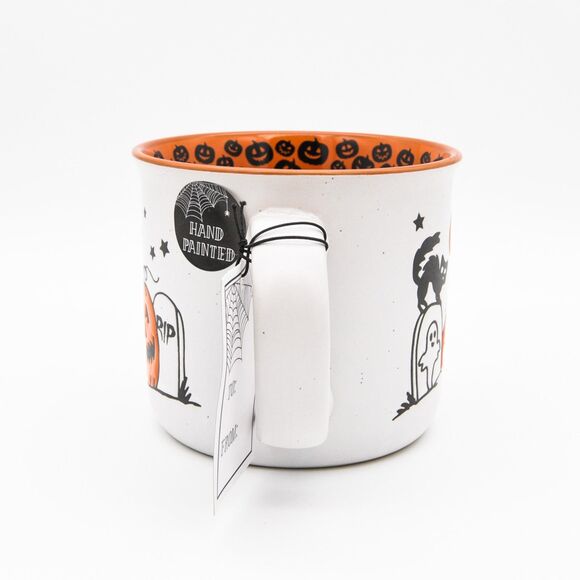 Halloween Pumpkin Mug, 23oz White Ceramic Mug w/ Black Cat Graveyard Design, New - Picture 3 of 10